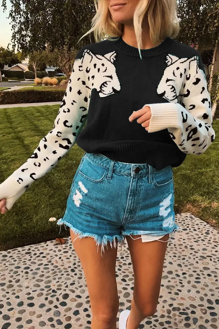 Women Leopard Print Long Sleeve Knit Sweater Grey — feature 7