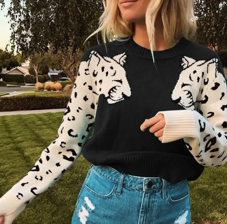 Women Leopard Print Long Sleeve Knit Sweater Grey — feature 8