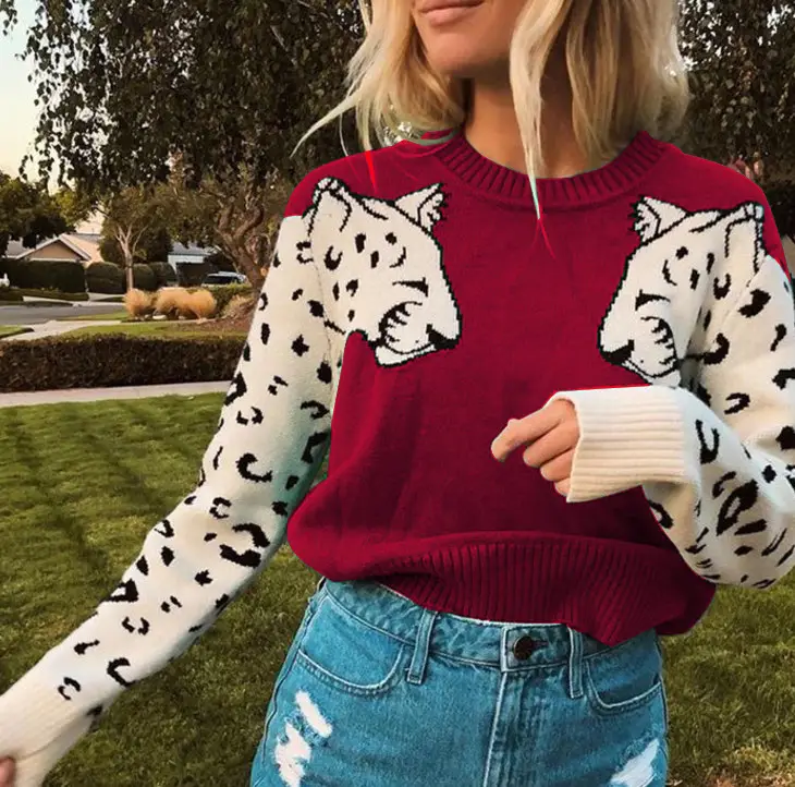 Women Leopard Print Long Sleeve Knit Sweater Grey — feature 9