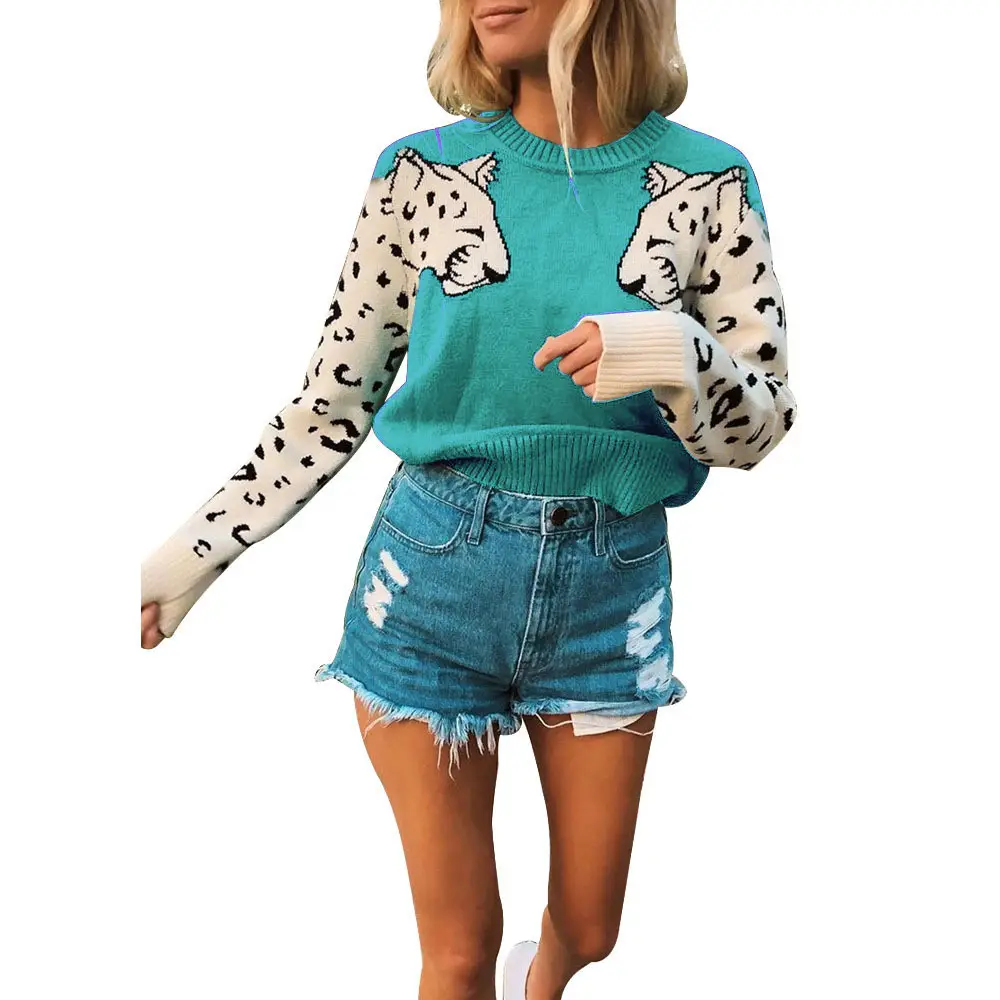 Women Leopard Print Long Sleeve Knit Sweater Grey