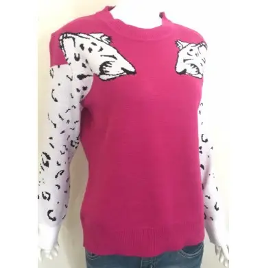 Women Leopard Print Long Sleeve Knit Sweater Grey