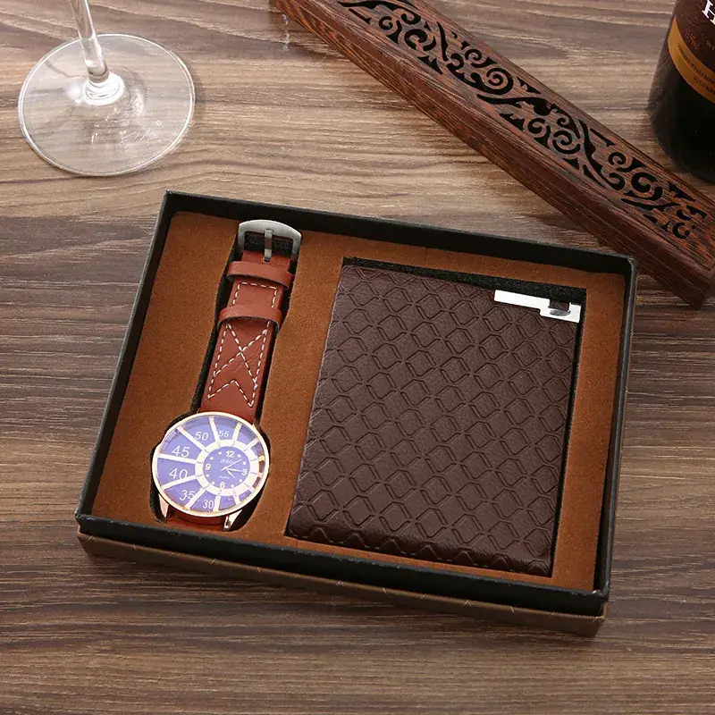 Men's Leather Wallet Watch Gift Set Brown Premium Quality - Image 2