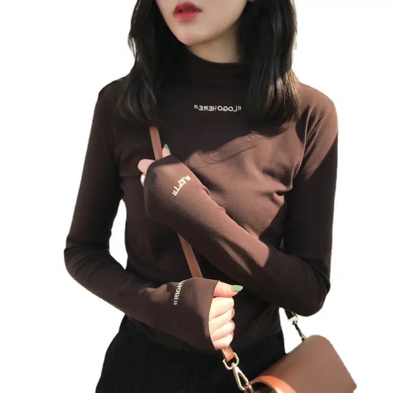 Women Fleece Lined Half-High Collar Shirt with Letter Embroidery - Image 9