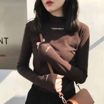 Women Fleece Lined Half-High Collar Shirt with Letter Embroidery - Image 4