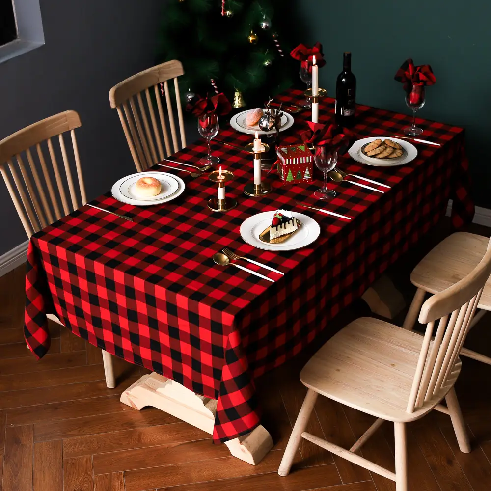 Red Black Checkered Tablecloth for Christmas Party Dining Set - Image 5