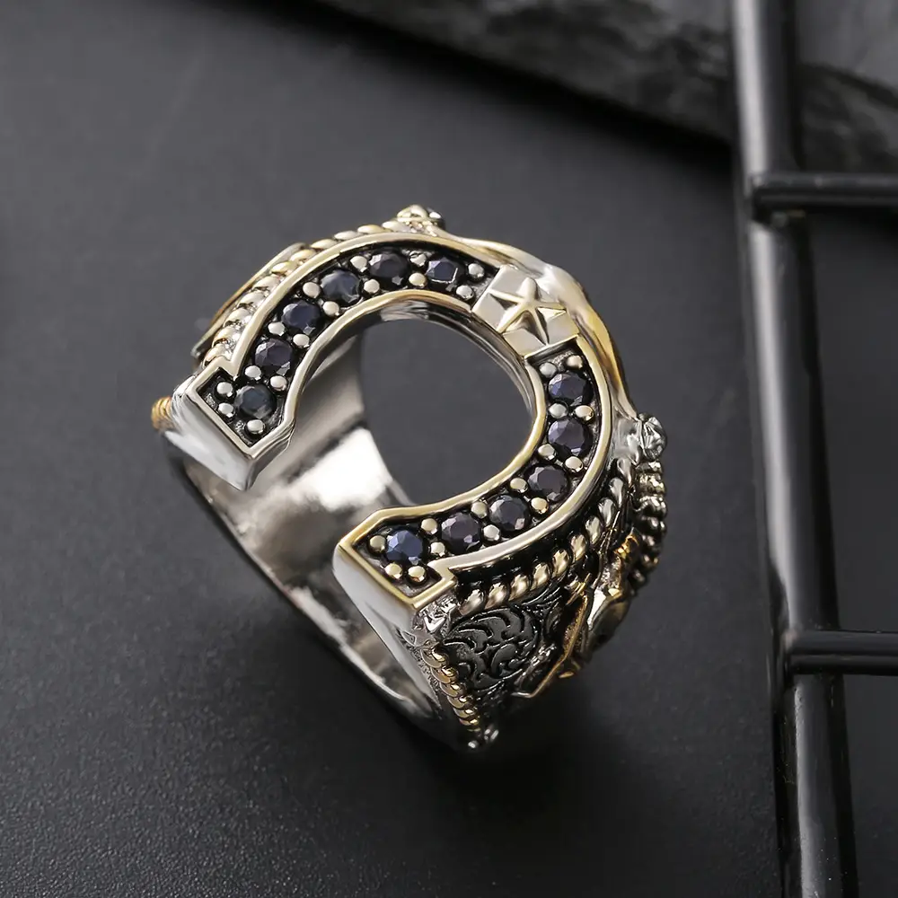 Zhen Rong Wish American Western Spirit Horseshoe Ring Denim Boots Gold Plated Two-Tone Diamond Dye Black Male Ring - Image 2