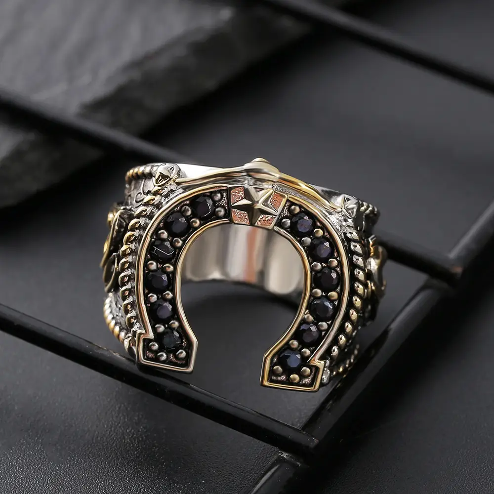 Zhen Rong Wish American Western Spirit Horseshoe Ring Denim Boots Gold Plated Two-Tone Diamond Dye Black Male Ring - Image 3