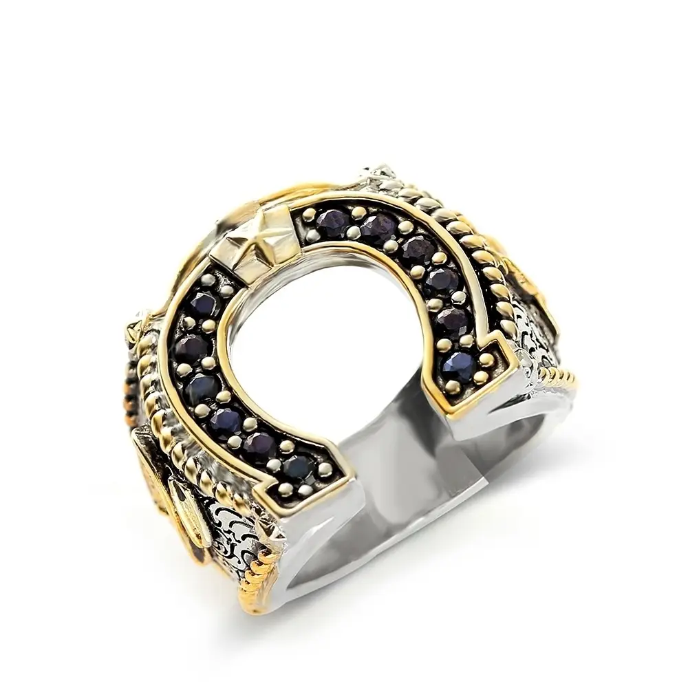 Zhen Rong Wish American Western Spirit Horseshoe Ring Denim Boots Gold Plated Two-Tone Diamond Dye Black Male Ring - Image 5