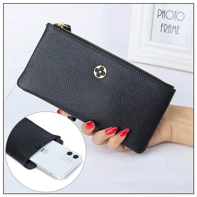 Women's Grey Cowhide Clutch Bag with Gold Zipper — feature 11