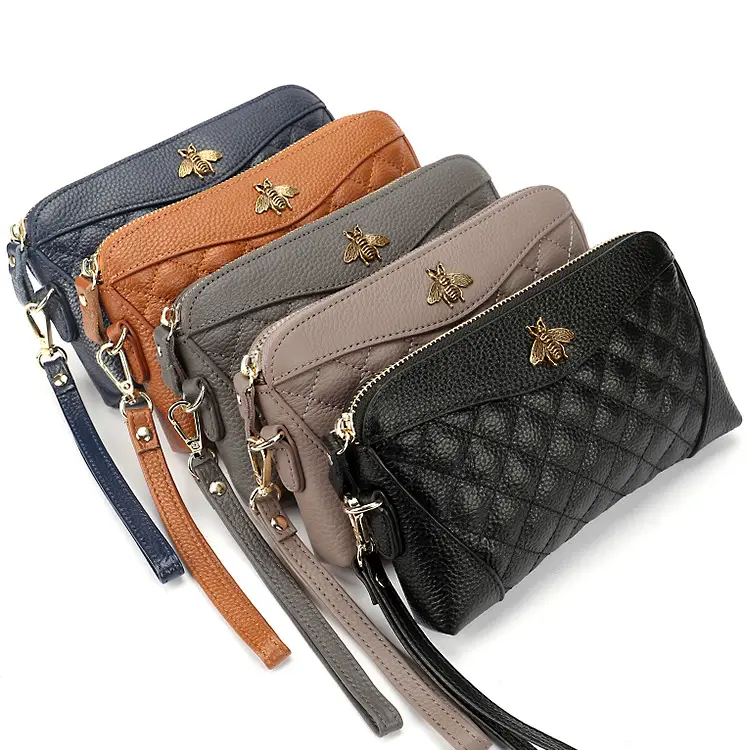 Women's Grey Cowhide Clutch Bag with Gold Zipper — feature 25