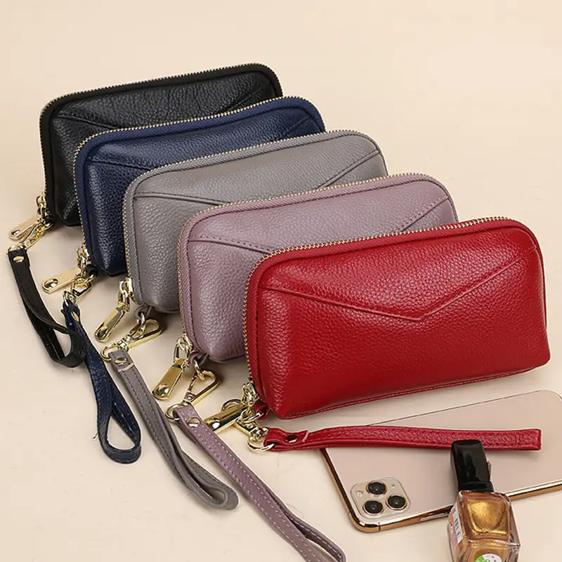Women's Grey Cowhide Clutch Bag with Gold Zipper — feature 37