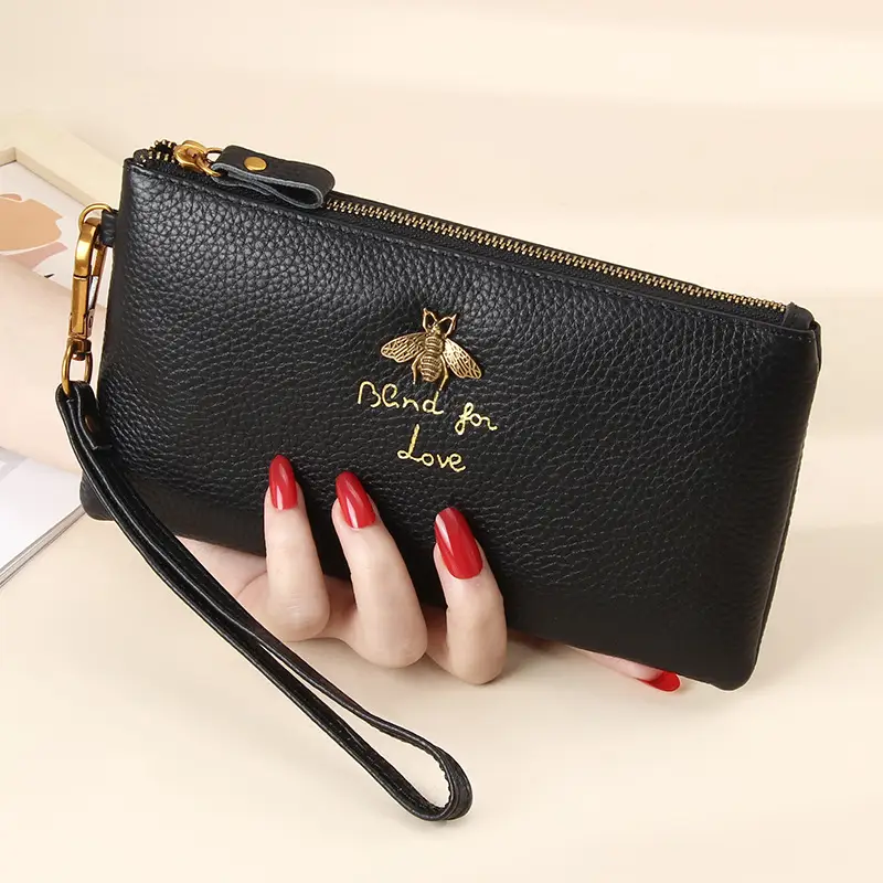 Women's Grey Cowhide Clutch Bag with Gold Zipper — feature 43