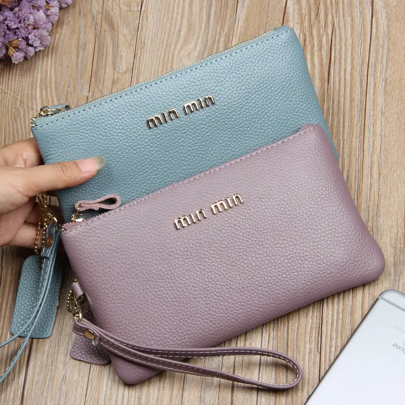 Women's Grey Cowhide Clutch Bag with Gold Zipper — feature 47