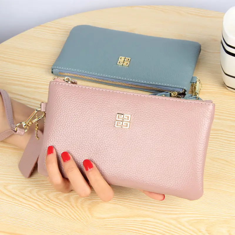 Women's Grey Cowhide Clutch Bag with Gold Zipper — feature 49