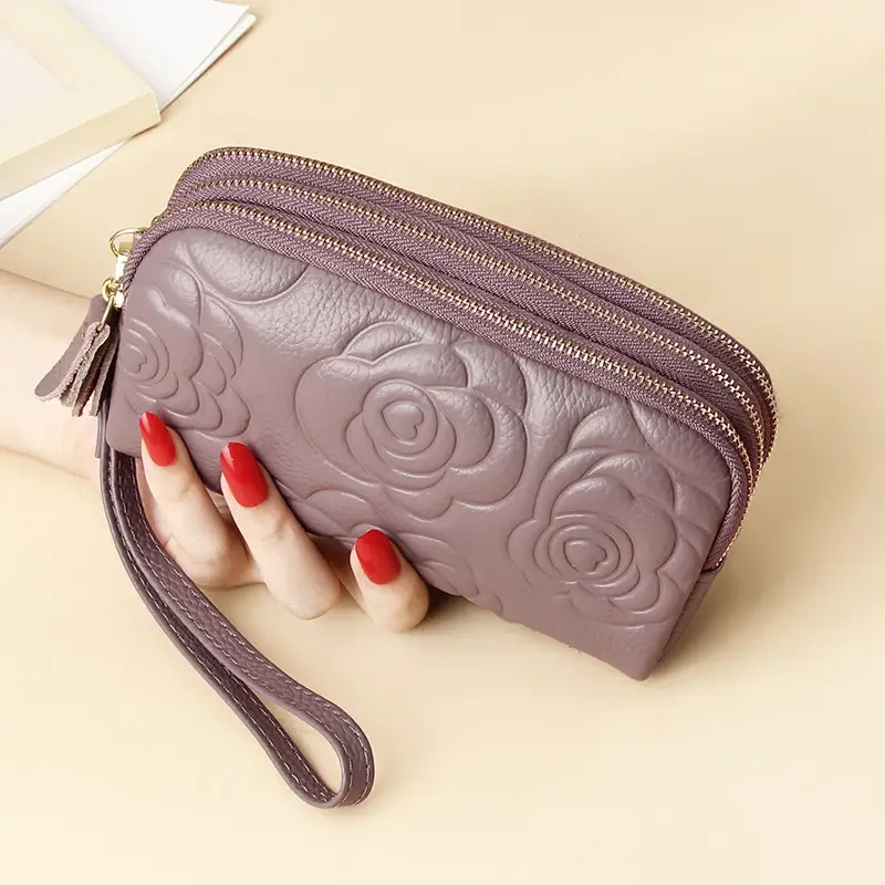 Women's Grey Cowhide Clutch Bag with Gold Zipper — feature 7