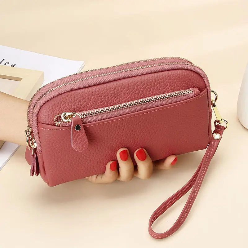 Women's Grey Cowhide Clutch Bag with Gold Zipper — feature 9