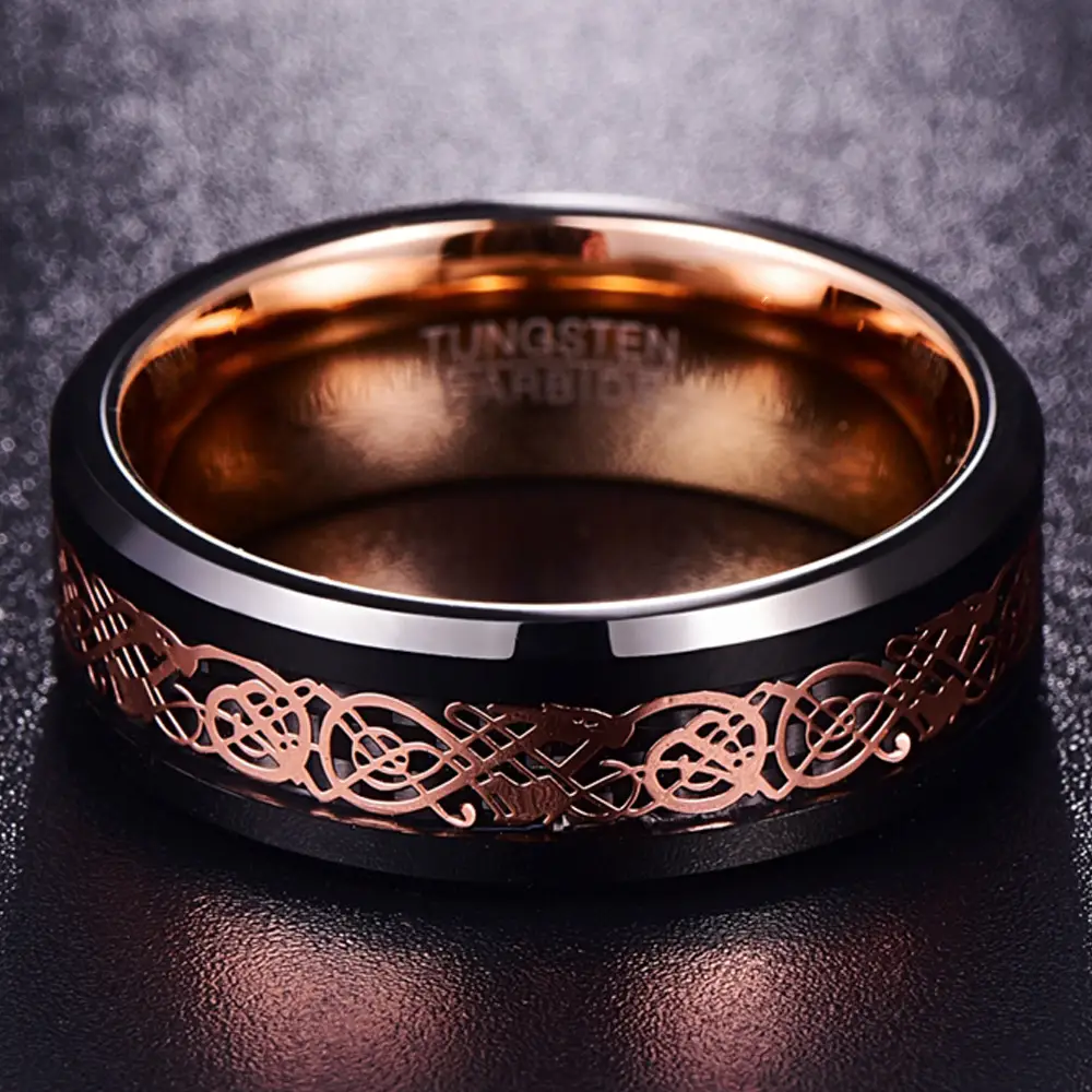Tungsten Steel Ring Black Rose Gold Dragon Pattern 8MM - Image 5