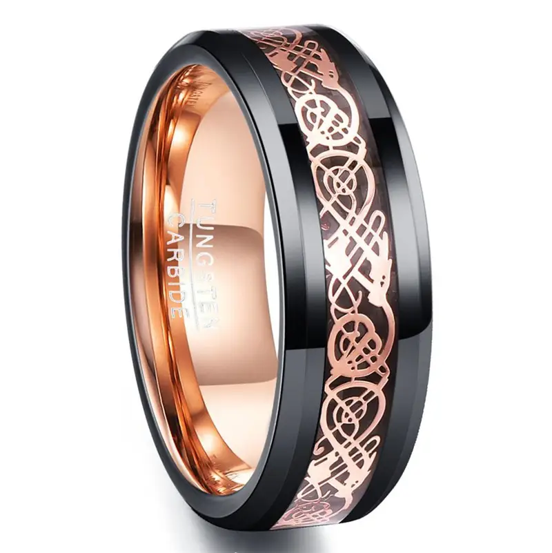Tungsten Steel Ring Black Rose Gold Dragon Pattern 8MM - Image 6