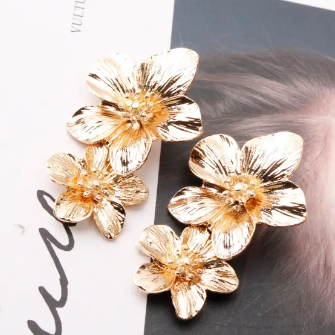 Double-layer Flower Earrings for Women Pink Gold