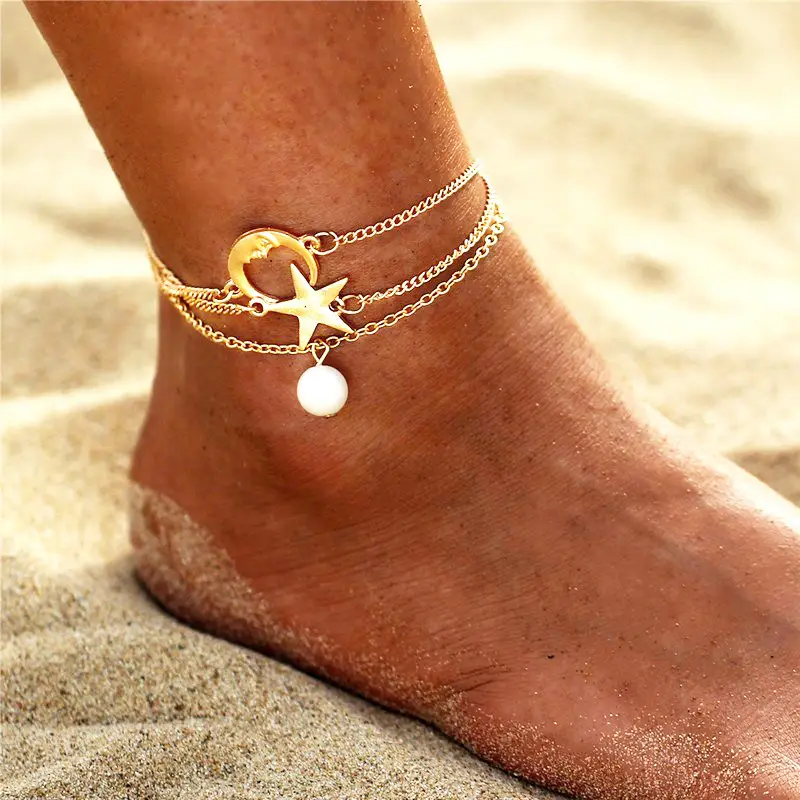 Golden Moon Star Pendant Anklet Set for Women