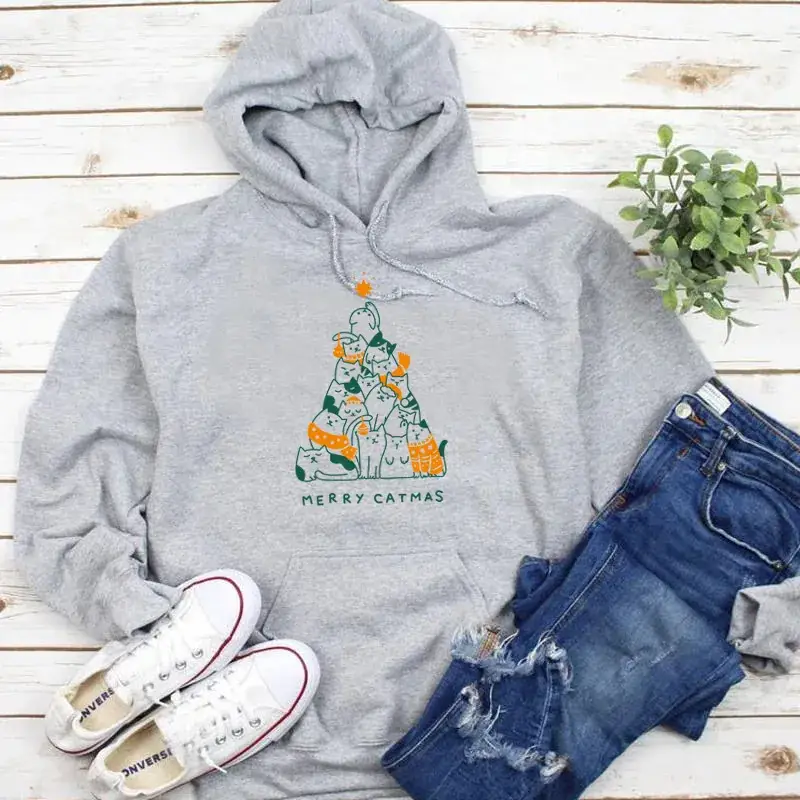 Black Printed Hoodie with Merry Catmas Design - Image 3