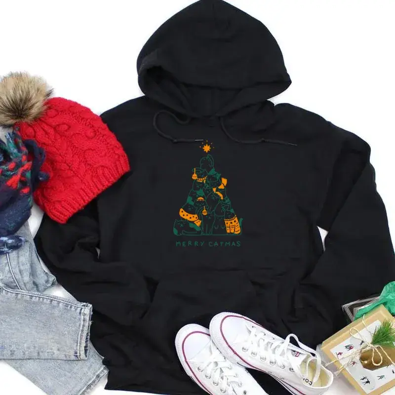 Black Printed Hoodie with Merry Catmas Design - Image 4