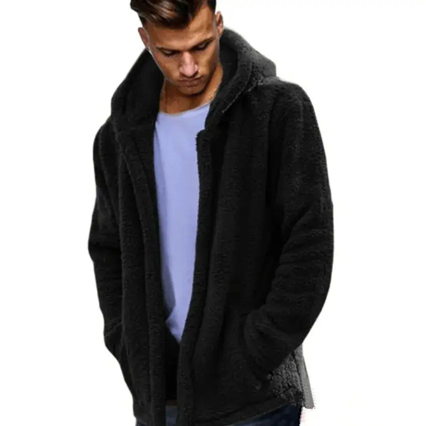 Men's Fluffy Hooded Coat Navy Blue W105 - Image 3