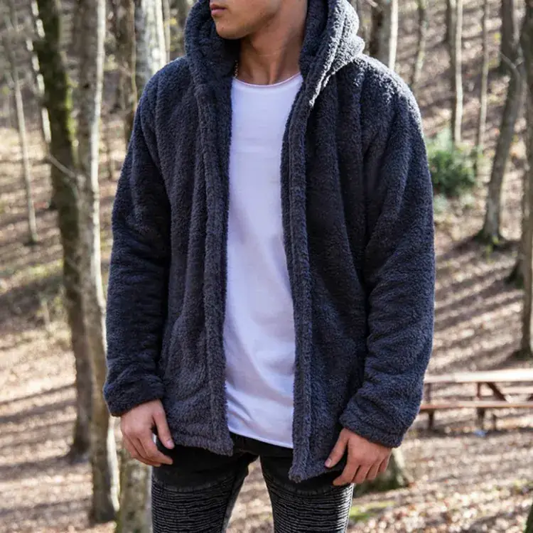 Men's Fluffy Hooded Coat Navy Blue W105 - Image 4