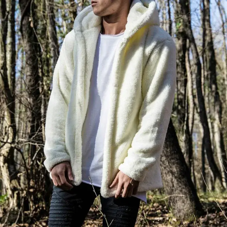 Men's Fluffy Hooded Coat Navy Blue W105 - Image 5