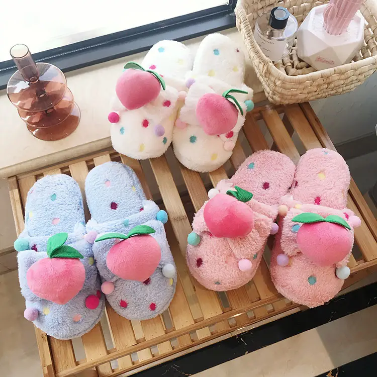 Autumn and Winter New Homemade Pink Cute Peach Plush Slippers Toe Warm Cold-proof Home Slippers Indoor Slippers