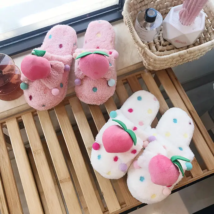 Autumn and Winter New Homemade Pink Cute Peach Plush Slippers Toe Warm Cold-proof Home Slippers Indoor Slippers