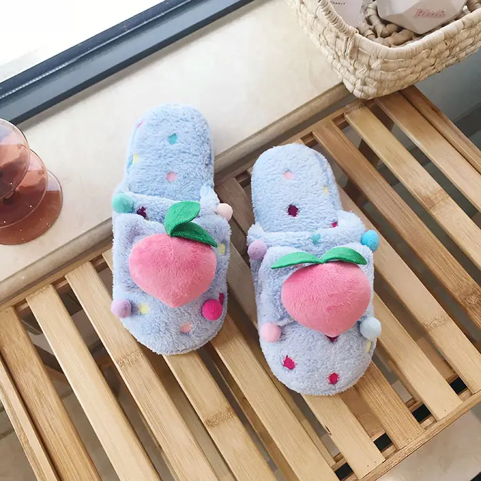 Autumn and Winter New Homemade Pink Cute Peach Plush Slippers Toe Warm Cold-proof Home Slippers Indoor Slippers