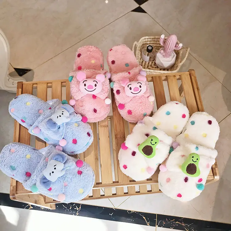 New Winter Plush Cartoon Slippers, Cute Fruit Slippers, Warm and Cold-Proof Piggy Cotton Slippers, Polka Dot Home Slippers