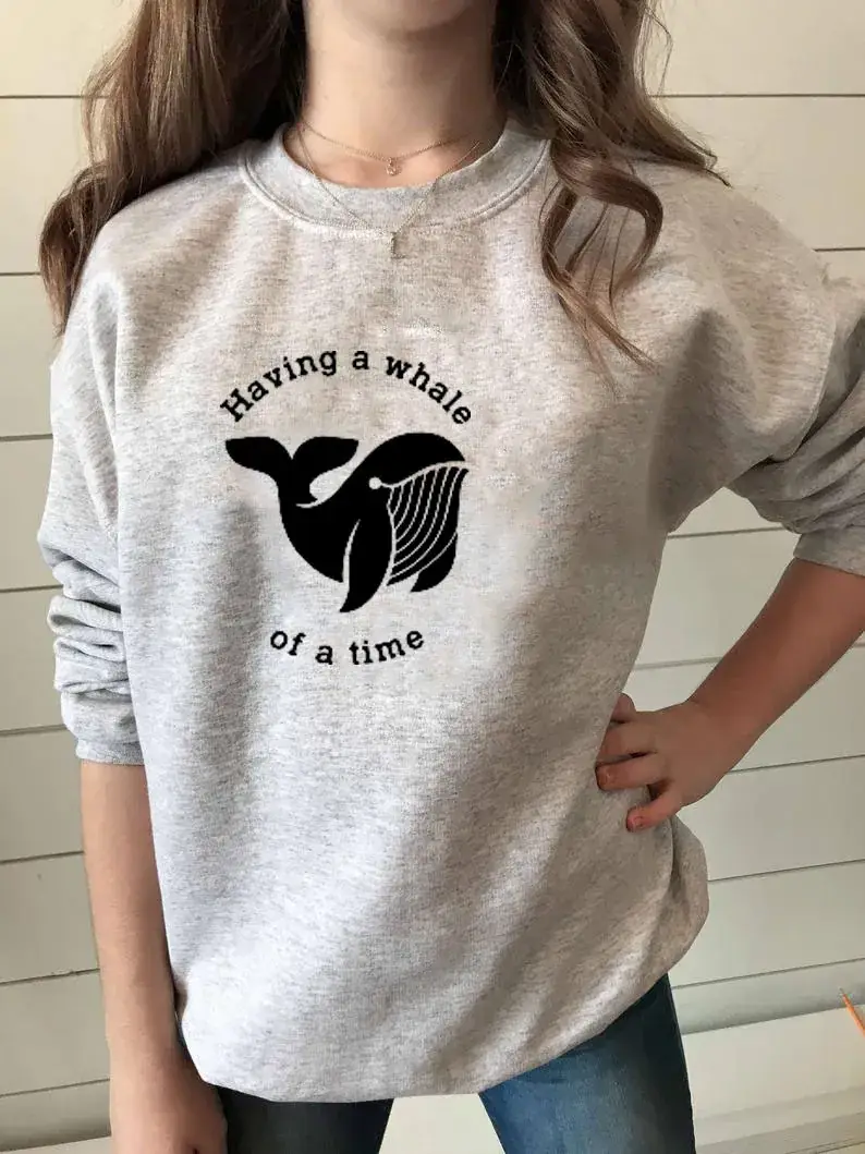 Black Crewneck Sweater with Whale Graphic for Girls