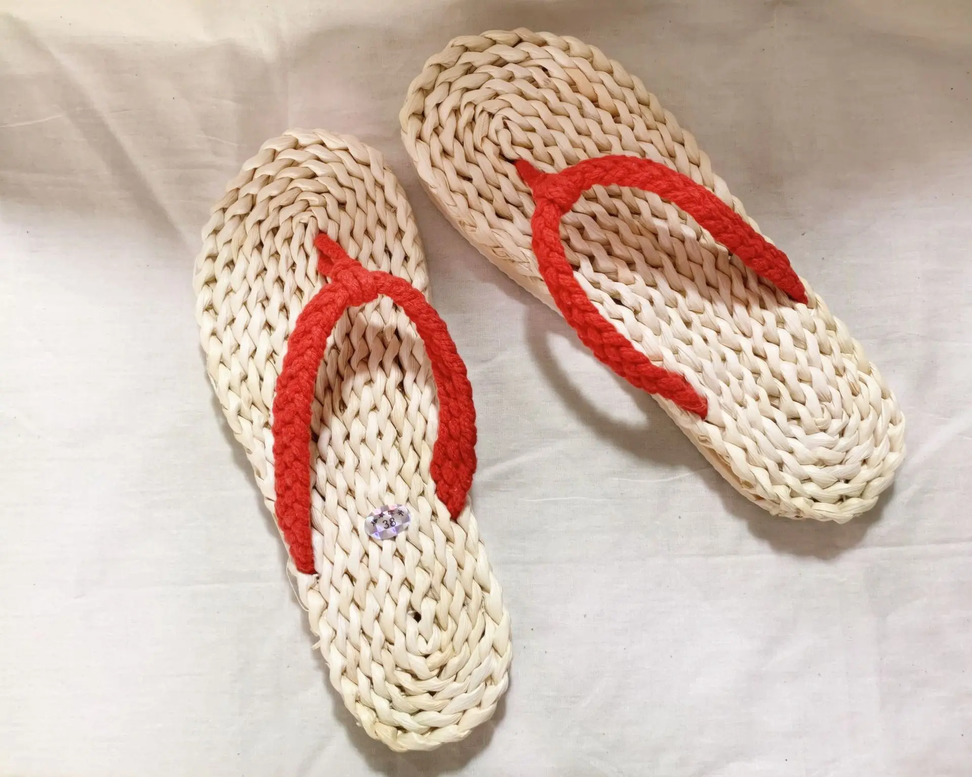 Retro Straw Flip Flops Black Strap Men Women
