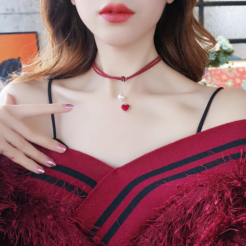 Velvet Heart Necklace for Women Red Pearl Chain