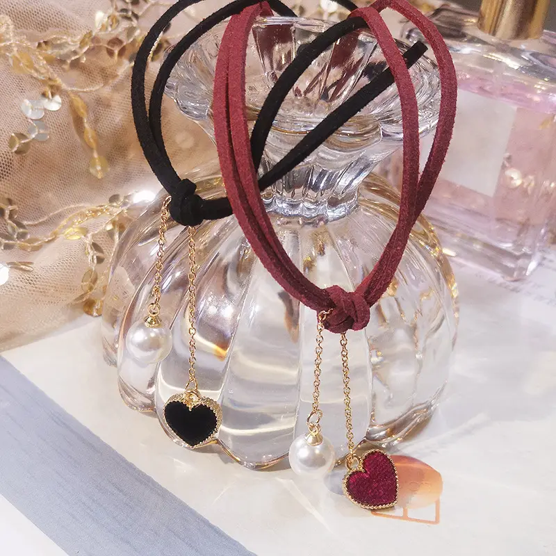 Velvet Heart Necklace for Women Red Pearl Chain