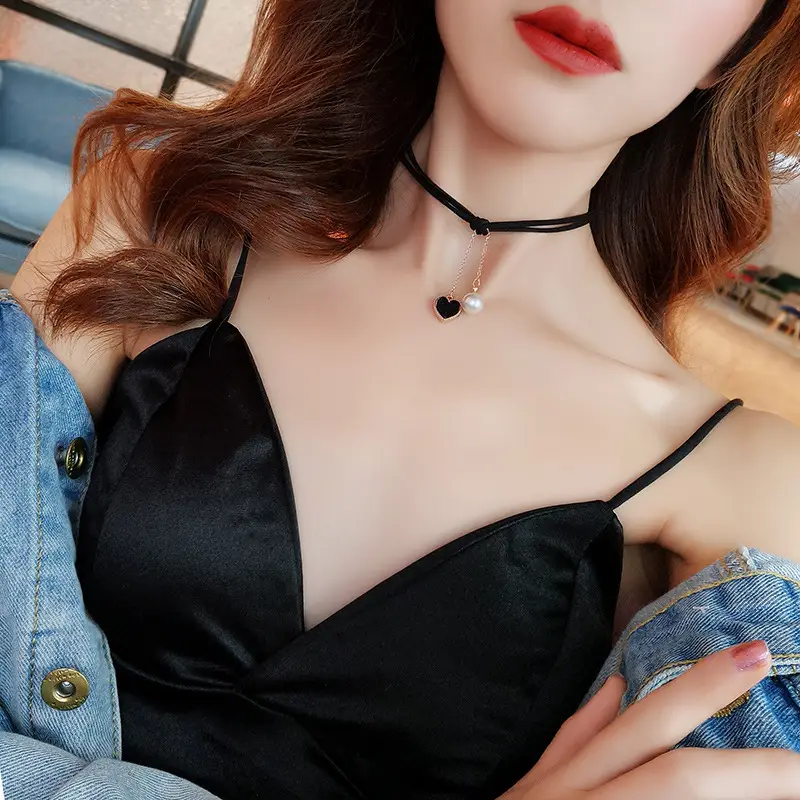 Velvet Heart Necklace for Women Red Pearl Chain