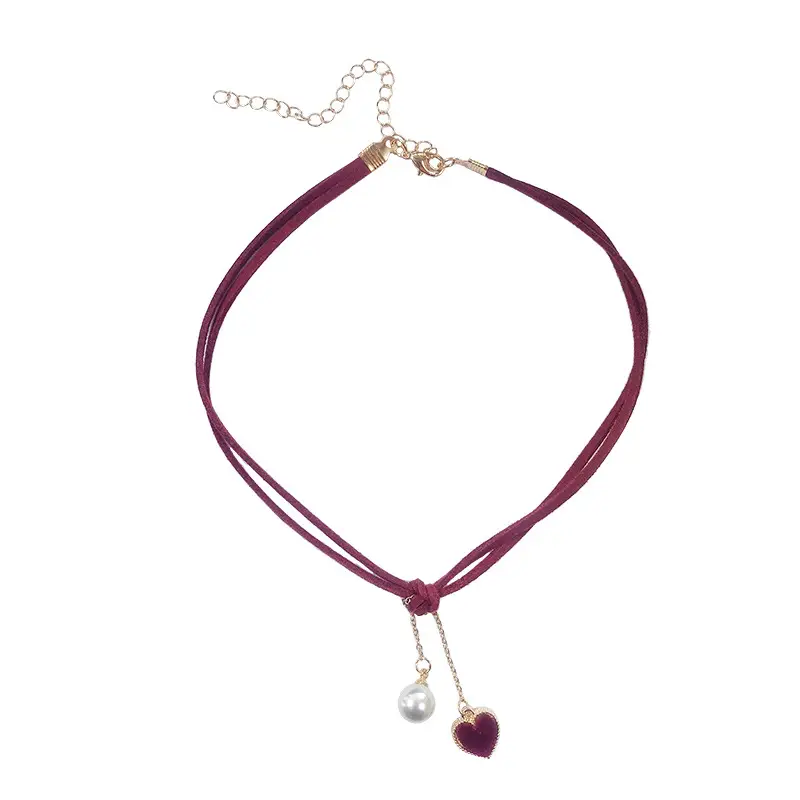 Velvet Heart Necklace for Women Red Pearl Chain