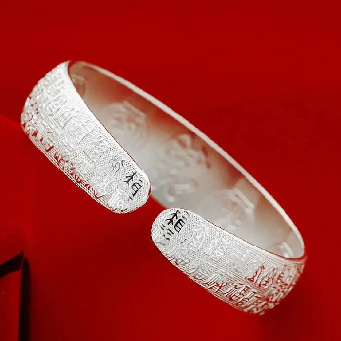 Wanfu Ethnic Bracelet Silver Wide Female Elderly Gift - Image 3