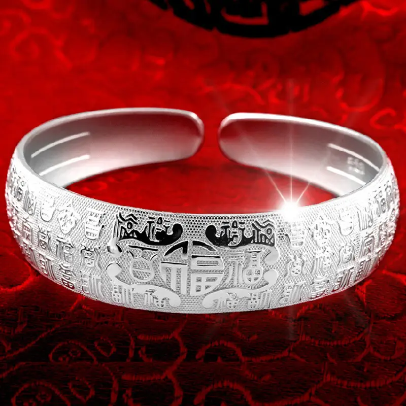 Wanfu Ethnic Bracelet Silver Wide Female Elderly Gift - Image 4
