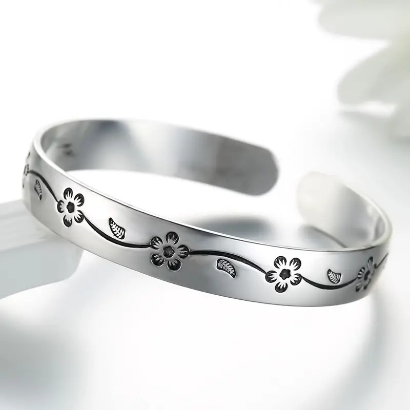 Women's Plum Blossom Silver Plated Open Band Bracelet