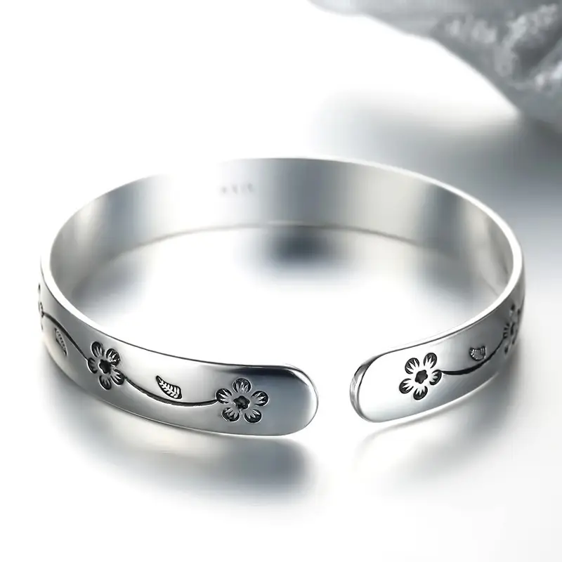 Women's Plum Blossom Silver Plated Open Band Bracelet