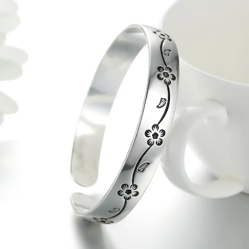 Women's Plum Blossom Silver Plated Open Band Bracelet