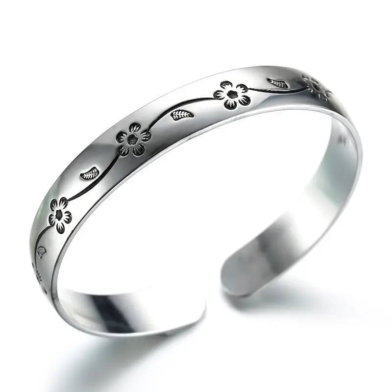 Women's Plum Blossom Silver Plated Open Band Bracelet
