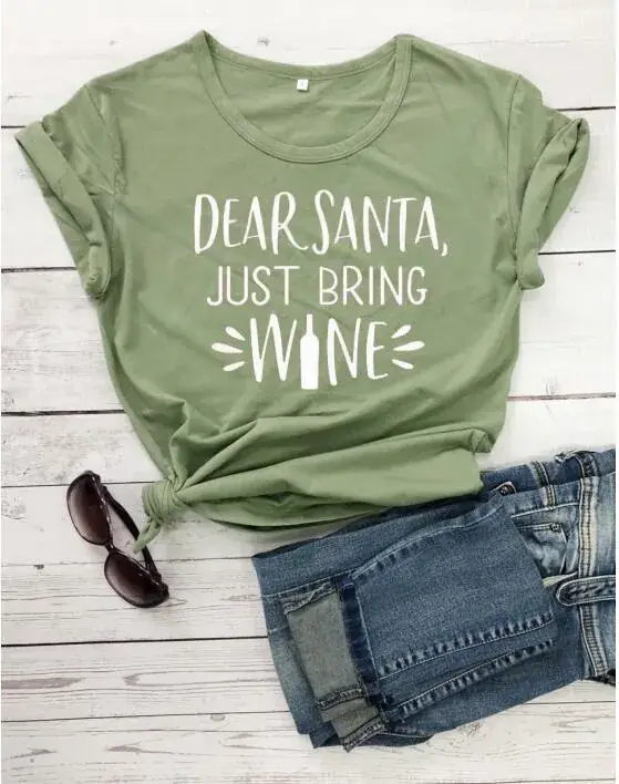 Deer Santa Just Bring Wine Green T-Shirt - Image 2