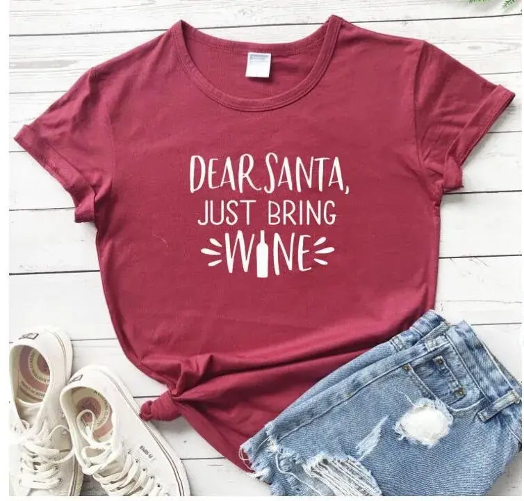 Deer Santa Just Bring Wine Green T-Shirt - Image 5