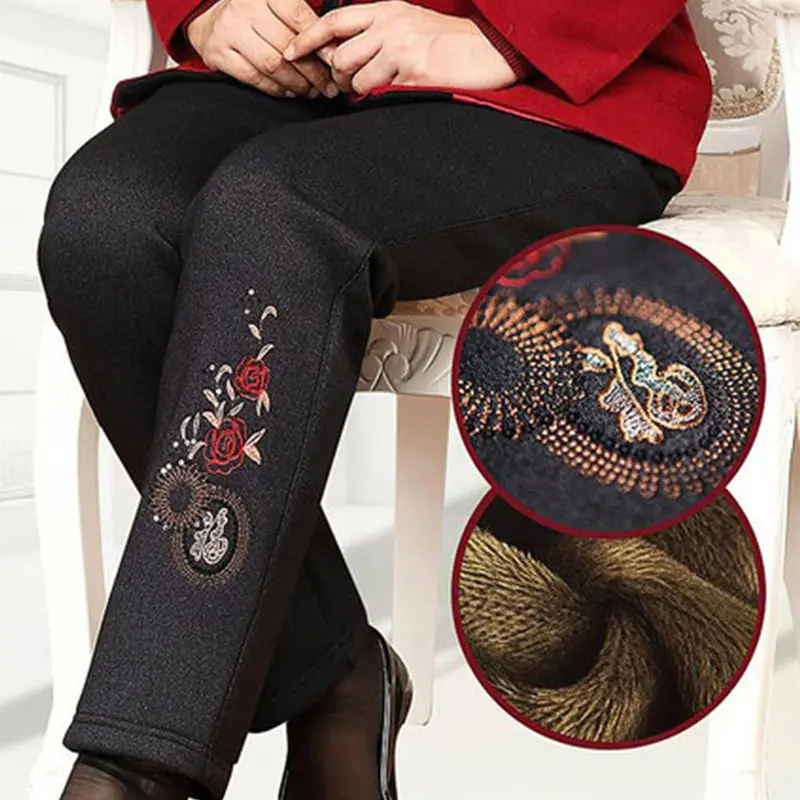 Women's Black Embroidered Winter Warm Pants - Image 6
