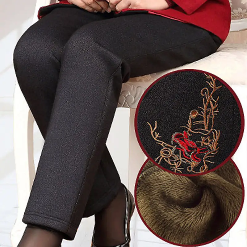 Women's Black Embroidered Winter Warm Pants - Image 7