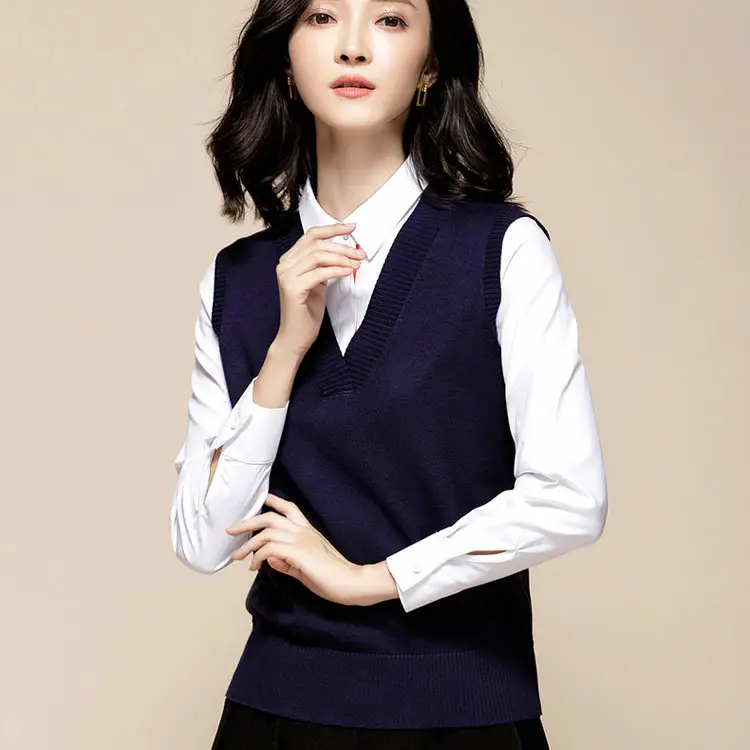 Women Knitted V-Neck Vest Navy Plus Size - Image 10
